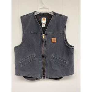 Vintage Carhartt Sherpa Lined Faded Black Zip Front 2 Pocket Vest L